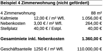 Kostenbeipiel 4-Zimmer-Wohnung 88 Quadratmeter nicht gefördert