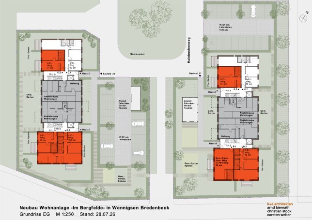 EG Grundriss der Erdgeschossebene. Die rot markierten Wohnungen sind vergeben.
