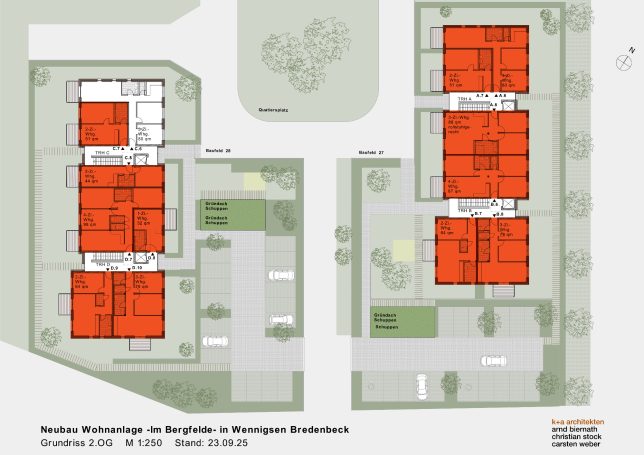 2. OG Grundriss des zweiten Obergeschosses. Die rot markierten Wohnungen sind vergeben.
