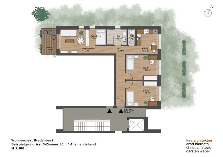Grundriss 3-Zimmer-Wohnung 81 Quadratmeter mit Balkon