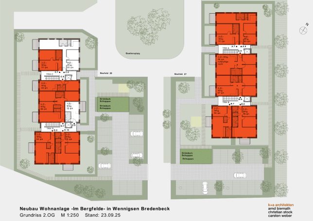 Grundriss des zweiten Obergeschosses. Die rot markierten Wohnungen sind vergeben.