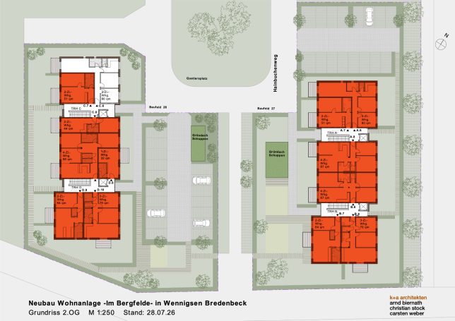 2. OG Grundriss des zweiten Obergeschosses. Die rot markierten Wohnungen sind vergeben.