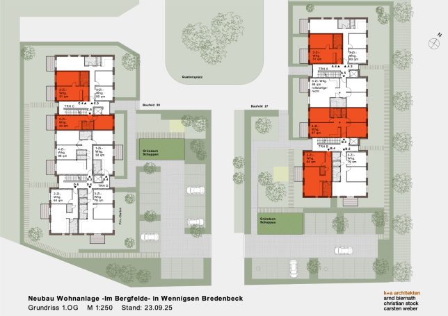 Grundriss des ersten Obergeschosses. Die rot markierten Wohnungen sind vergeben.