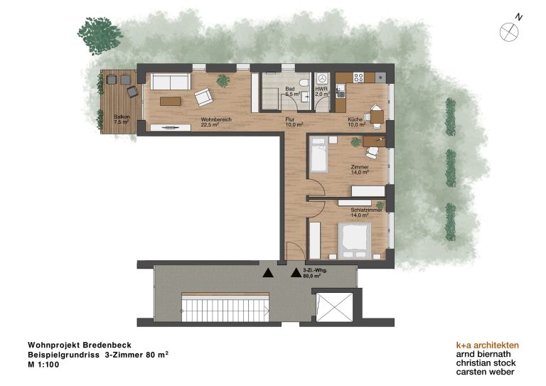 Grundriss 3-Zimmer-Wohnung 81 Quadratmeter mit Balkon