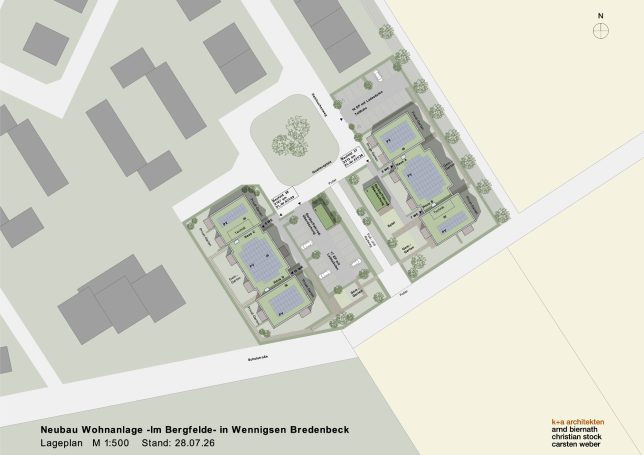 Lageplan Lageplan mit den zwei Gebäudekomplexen und Grünflächen.