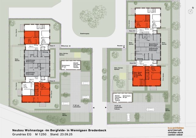 EG Grundriss der Erdgeschossebene. Die rot markierten Wohnungen sind vergeben.