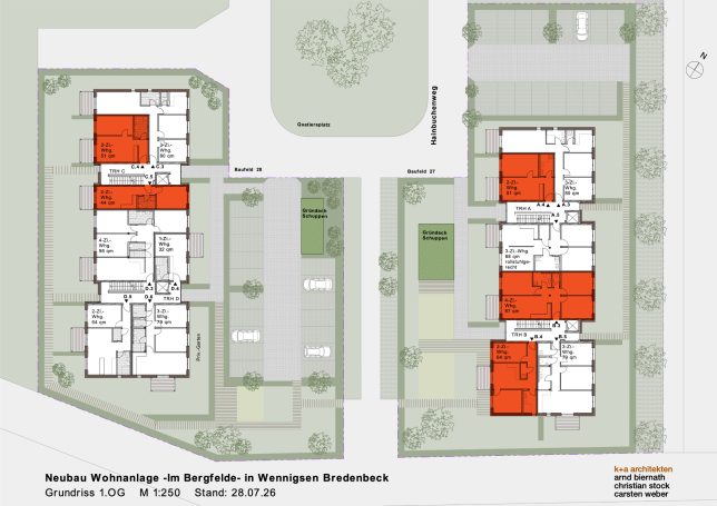 1. OG Grundriss des ersten Obergeschosses. Die rot markierten Wohnungen sind vergeben.