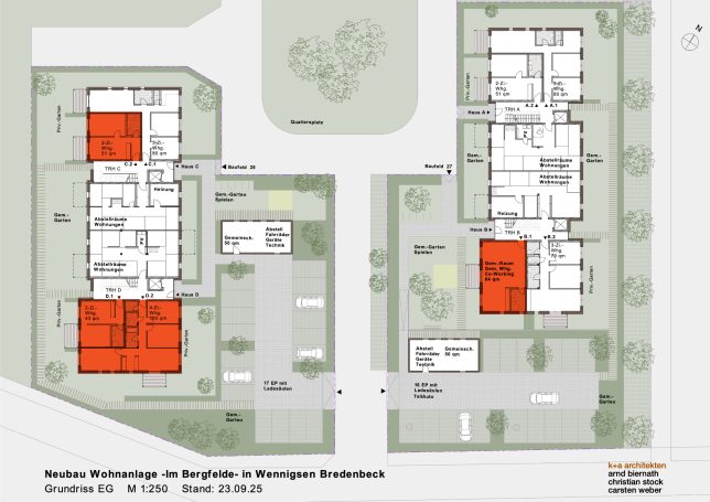 Grundriss der Erdgeschossebene. Die rot markierten Wohnungen sind vergeben.