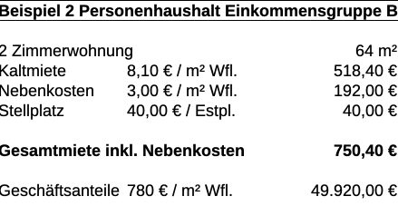 Kostenbeipiel 2-Zimmer-Wohnung 64 Quadratmeter gefördert nach § 4 DVO-NWoFG