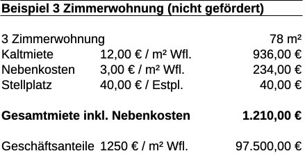 Kostenbeipiel 3-Zimmer-Wohnung 78 Quadratmeter nicht gefördert
