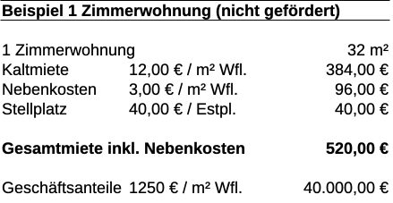 Kostenbeipiel 1-Zimmer-Wohnung 32 Quadratmeter nicht gefördert