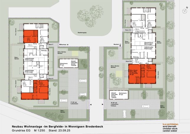 EG Grundriss der Erdgeschossebene. Die rot markierten Wohnungen sind vergeben.